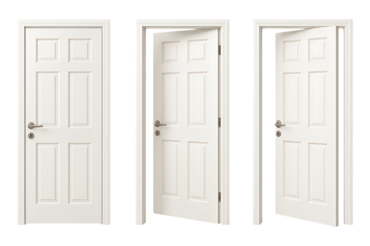 Set of White Interior Doors in Different Open Positions Isolated on Transparent Background