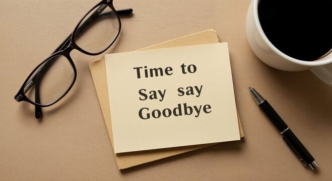 Farewell Message on the Desk: A heartfelt message to Say Goodbye sits amidst office essentials, a pair of eyeglasses, a pen, and a cup of coffee.