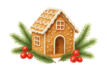 Traditional Christmas Gingerbread House with Decorations – Isolated on Transparent Background
