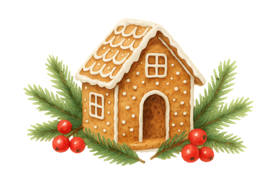 Traditional Christmas Gingerbread House with Decorations – Isolated on Transparent Background