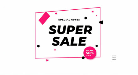 Super Sale Banner: A vibrant and eye-catching sale banner, announcing a special offer with a significant discount, perfect for advertising promotions and deals.