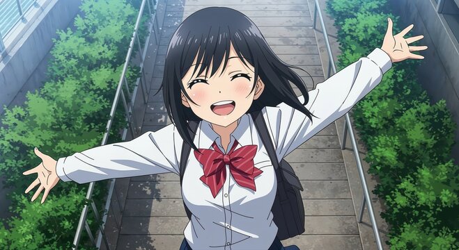 Anime Schoolgirl's Joy: Capturing the unbound joy of youth, an animated schoolgirl radiates positivity and excitement, with her arms spread wide and a radiant smile.