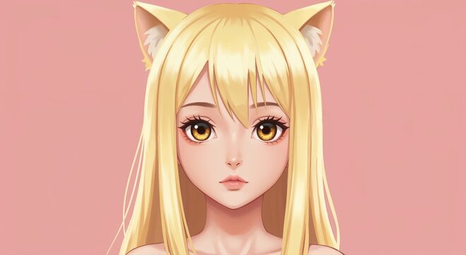 Anime-Inspired Portrait: Captivating portrayal of a woman with long golden hair and cat ears against a soft backdrop. Featuring delicate details and gentle expression.