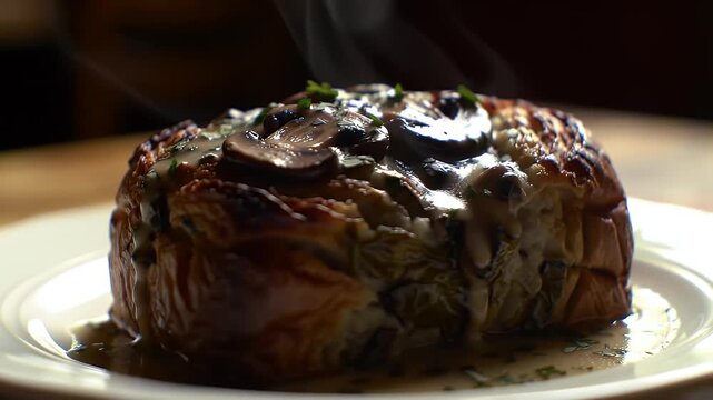 A freshly baked savory pastry smothered in a rich and creamy mushroom sauce, steaming hot and garnished with fresh herbs for a gourmet meal