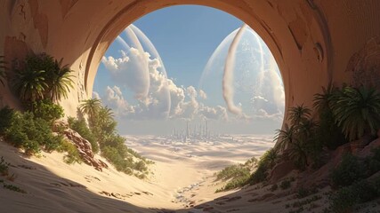 Futuristic desert landscape with city view through an archway - Powered by Adobe