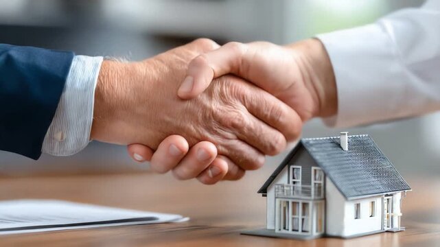 A business handshake symbolizes a successful agreement over a tiny house model, representing real estate transactions and partnerships