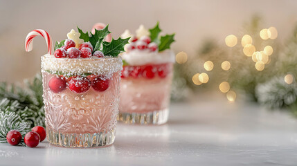 Two festive Christmas cocktails garnished with sugared cranberries, holly leaves, candy canes, and a snow-like rim, set against a blurry background with glowing bokeh lights and frosted pine branches.