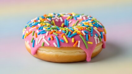 Colorful sprinkled donut with pink icing on pastel background