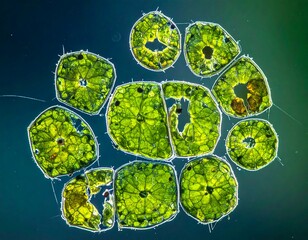 Microscopic view of green aquatic plant cells clustered together. Detailed cell structures shown