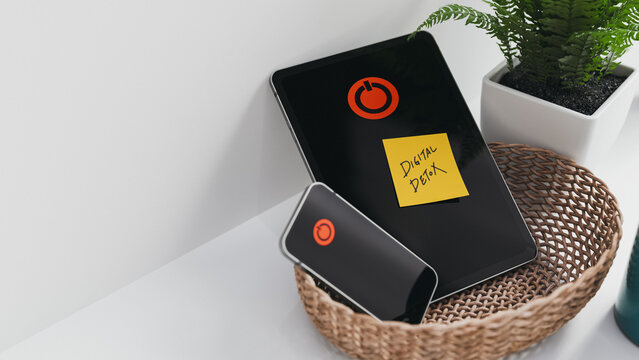 Digital detox note on powered off devices in basket copy space. 3d rendering