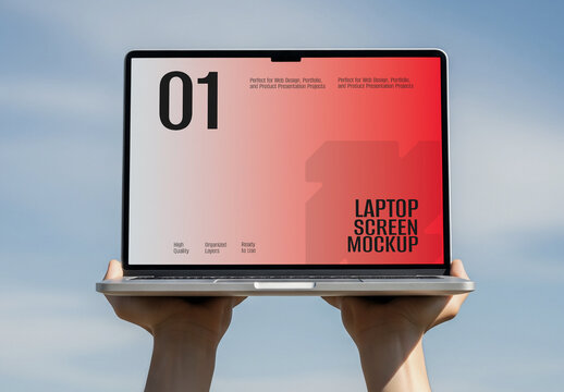 Realistic Editable Laptop Screen Mockup Held by Hands for Branding