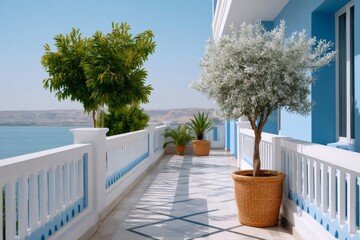 Obraz premium Balcony terrace with potted trees by the sea