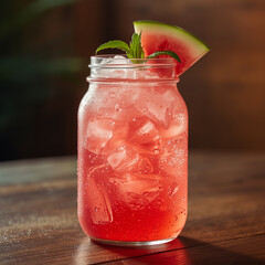 AI image of a 600ml transparent jar style container filled with a bright pink watermelon drink