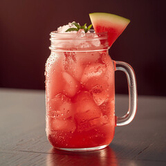 AI image of a 600ml transparent jar style container filled with a bright pink watermelon drink