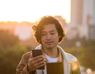 Man with curly hair holding phone and tablet, cityscape backdrop, sunset lighting