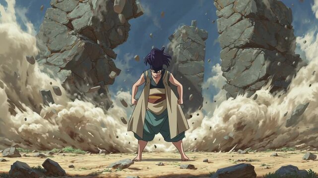 Epic anime character standing amidst dramatic rocky explosion