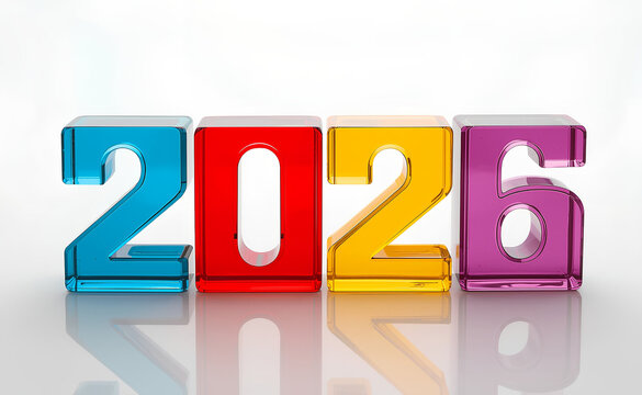 Colorful glass numbers display "2026" against a white background. Each digit is a different color: blue, red, yellow, and purple, creating a vibrant and modern look.