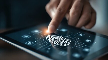 A close-up shot of a finger pressing a fingerprint icon on a digital tablet screen, illustrating biometric security and modern technology advancements in identity verification. - Powered by Adobe