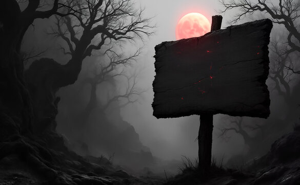A dark, eerie forest with twisted trees under a blood-red full moon. A worn, blank wooden sign stands foreground, evoking a mysterious, ominous atmosphere.