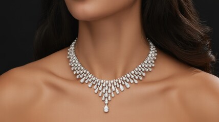 Radiant Allure: A captivating close-up of a glamorous woman adorned with a dazzling diamond necklace, exuding elegance and sophistication. The exquisite piece highlights her delicate neckline. 
