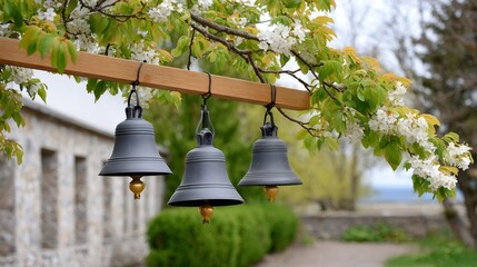 Obraz premium Ornamental bells hanging under spring blossoming tree branch