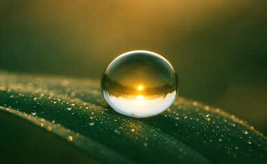A dewdrop sits on a green leaf, reflecting a glowing sunrise. The scene conveys tranquility, with soft, golden tones and scattered water droplets.