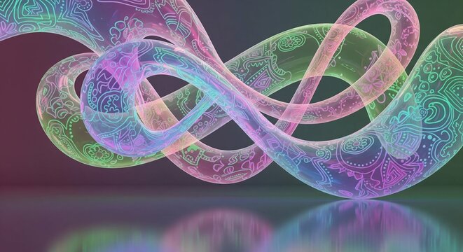 Vibrant iridescent ribbon design with intricate patterns on a reflective surface with a dark background - Powered by Adobe