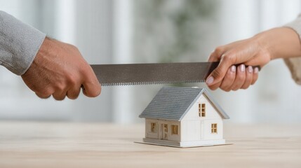 Hands of two individuals, one holding a saw, are dividing a miniature house on a wooden table, symbolizing the concept of divorce and asset division in a relationship
