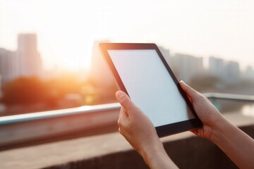 Hands holding a tablet device with a blank screen against a sunset backdrop, showcasing modern technology and lifestyle in an urban environment with copy space