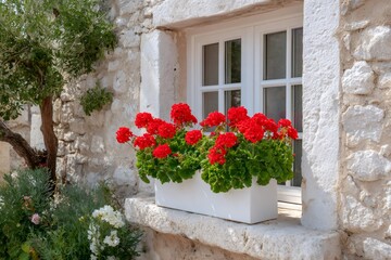 Fototapeta premium Red geraniums blooming on old stone window sill
