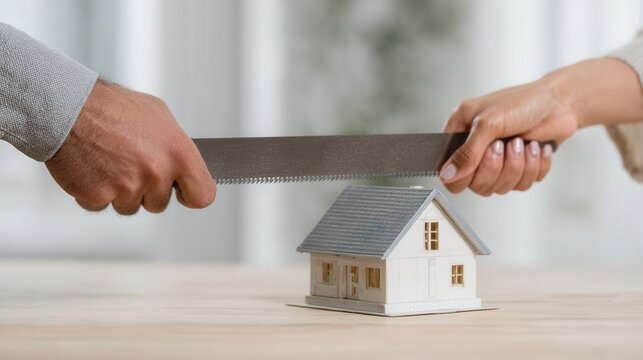 Hands of two individuals, one holding a saw, are dividing a miniature house on a wooden table, symbolizing the concept of divorce and asset division in a relationship - Powered by Adobe