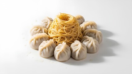Pangsit rebus arranged in a circular pattern beside noodles over seamless white backdrop