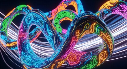 Vibrant abstract sculpture with swirling neon patterns and metallic accents on a dark background with streaks of light.
