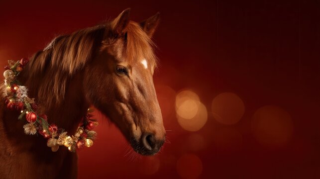 Brown horse adorned with festive wreath of ornaments and greenery, set against a warm red background, creating a joyful holiday atmosphere and celebration of the season - Powered by Adobe