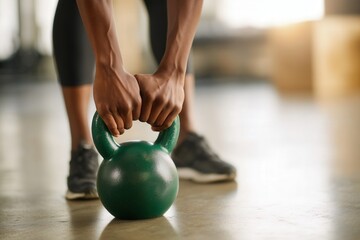 Naklejka premium African American man preparing to lift a green kettlebell in a gym setting, showcasing strength and determination in a fitness training environment with natural light