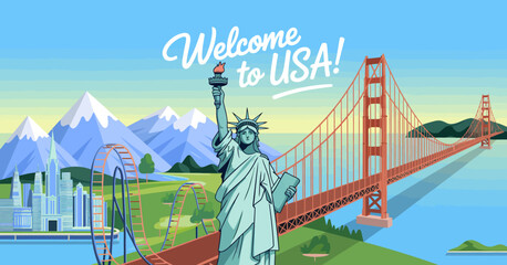 A vibrant illustration showcasing famous American landmarks, including the Statue of Liberty and Golden Gate Bridge, capturing the spirit of adventure and tourism in the USA. © Jiang