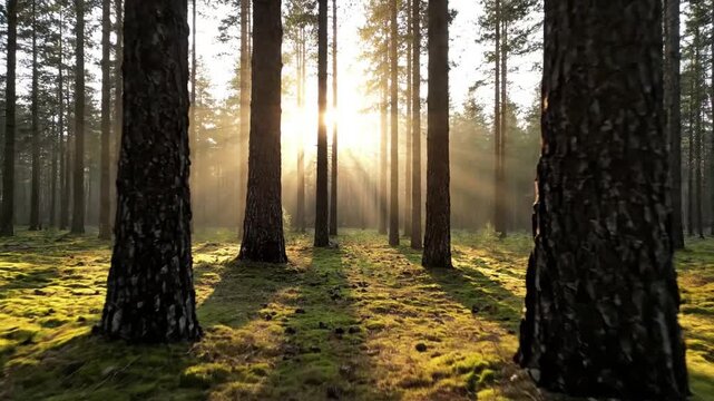 Capturing the majestic verticality of ancient pine trees, with soft morning light filtering through their dense canopy, creating ethereal sun rays. overhead or mid level tracking