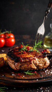 Delicious, grilled steak on wood plank, garnished with rosemary and peppercorns, ready to eat