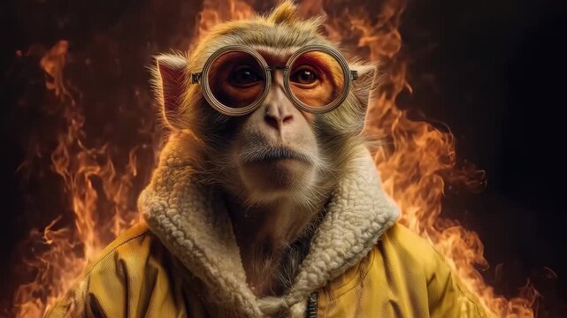 Fashionable monkey showcasing cool style in a fiery backdrop with trendy glasses and warm coat during an artistic and vibrant display