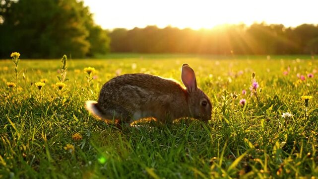 A wild European rabbit foraging peacefully in a sun dappled meadow at dawn, showcasing its natural instincts and connection to the environment. Capturing the serene beauty and delicate existence of?