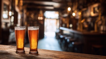 hangout. Two beer glasses on a wooden bar counter with warm lighting and a blurred tavern background. bar promotions, beverage menus, designed for food & beverage menus and cafe branding.