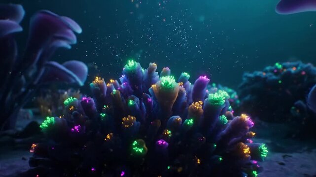 Dynamic Bioluminescent Flora Movement Capturing the graceful, undulating motion of abstract deep sea plants, glowing with an ethereal light and reacting to unseen currents.
