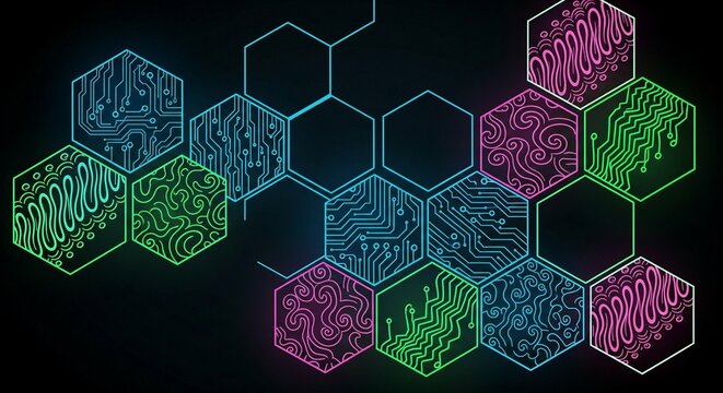 Neon glowing colorful hexagons with circuit patterns on a dark background