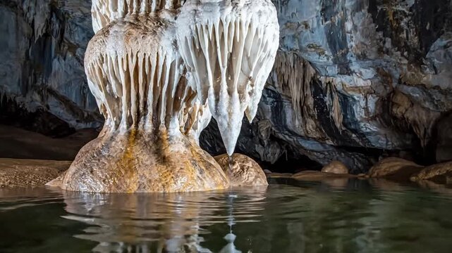 Capturing the intricate details of a stalactite's surface, highlighting its crystalline texture and mineral deposits formed over millennia through slow water seepage.