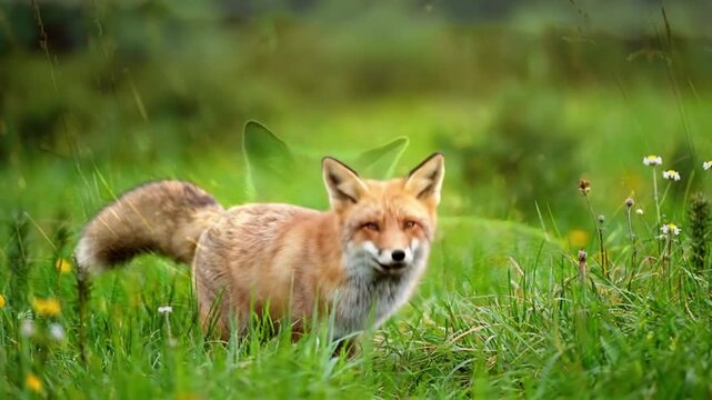 A red fox navigating a pristine, snow covered forest, its vivid fur providing a striking contrast against the serene winter landscape. Wide shot, tracking