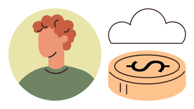 Person with curly hair beside a coin and cloud, symbolizing financial planning, savings, future thinking. Ideal for finance, investment, economy, strategy, dreams stability simple flat metaphor