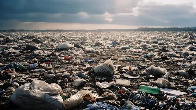 Vast Open Field Filled With Various Types of Trash Under a Cloudy Sky with Sun Rays Shining Through at Sunset