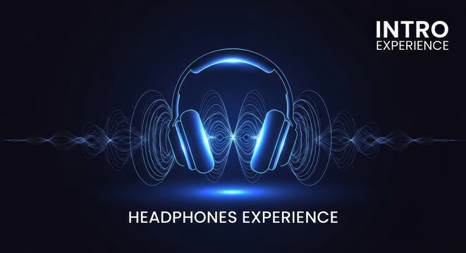 Immersive sound experience: Glowing headphones with visual waveforms backdrop scene