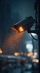 Illuminated security camera captures the night scene in urban setting.