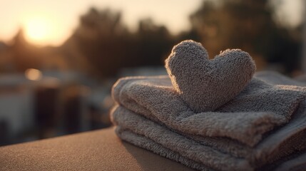 Heartfelt Comfort - A Stack of Towels Bathed in Golden Sunlight.